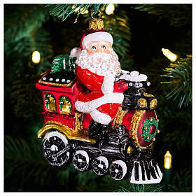 Santa Claus on a locomotive, Christmas ornament, blown glass, 5 in