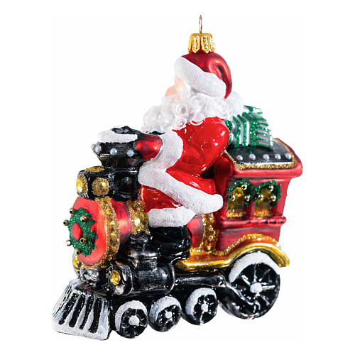 Santa Claus on a locomotive, Christmas ornament, blown glass, 5 in 3