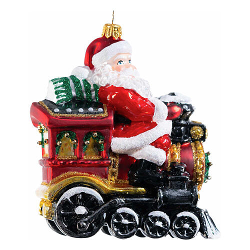 Santa Claus on a locomotive, Christmas ornament, blown glass, 5 in 4