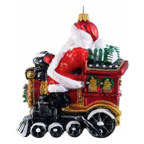 Santa Claus on a locomotive, Christmas ornament, blown glass, 5 in 5