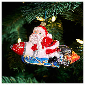 Santa Claus on a rocket, Christmas ornament, blown glass, 5 in