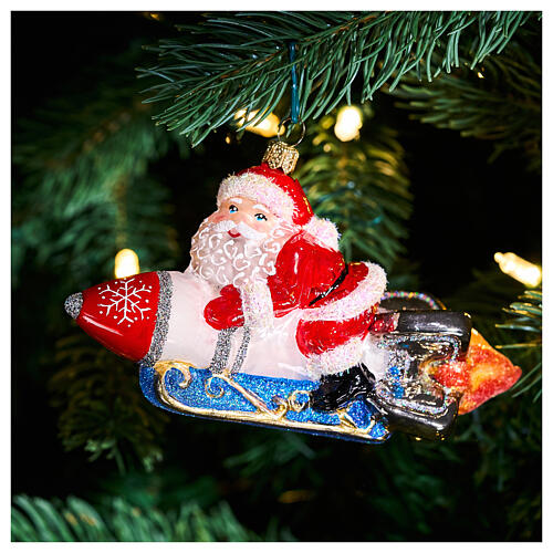 Santa Claus on a rocket, Christmas ornament, blown glass, 5 in 2