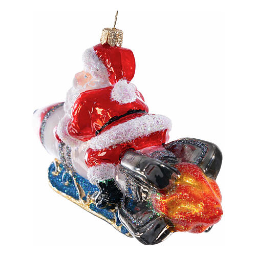 Santa Claus on a rocket, Christmas ornament, blown glass, 5 in 5