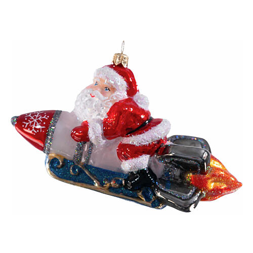 Santa Claus on a rocket, Christmas ornament, blown glass, 5 in 6