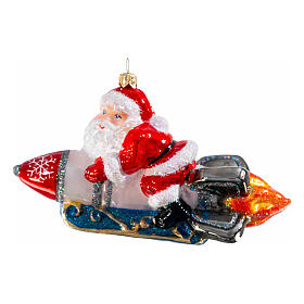 Santa Claus on a rocket blown glass Christmas ornament, height 13.5 cm
