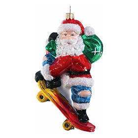 Weihnachtsmann auf Skateboard aus mundgeblasenem Glas, Weihnachtsbaumschmuck, Höhe 13,5 cm