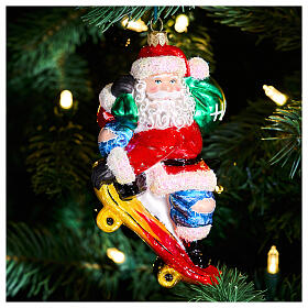 Santa Claus on a skate, Christmas ornament, blown glass, 5 in