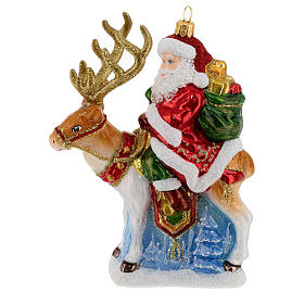 Santa Claus with reindeer, Christmas ornament, blown glass, 6 in