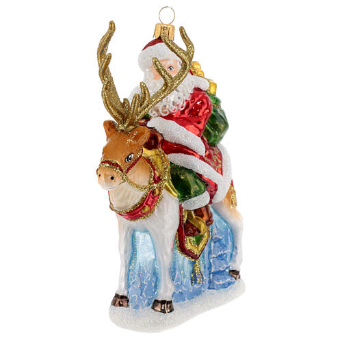 Santa Claus with reindeer, Christmas ornament, blown glass, 6 in 3