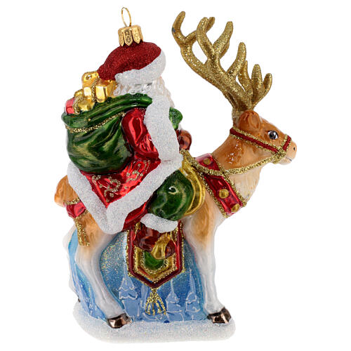 Santa Claus with reindeer, Christmas ornament, blown glass, 6 in 4