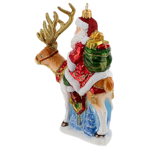 Santa Claus with reindeer, Christmas ornament, blown glass, 6 in 5