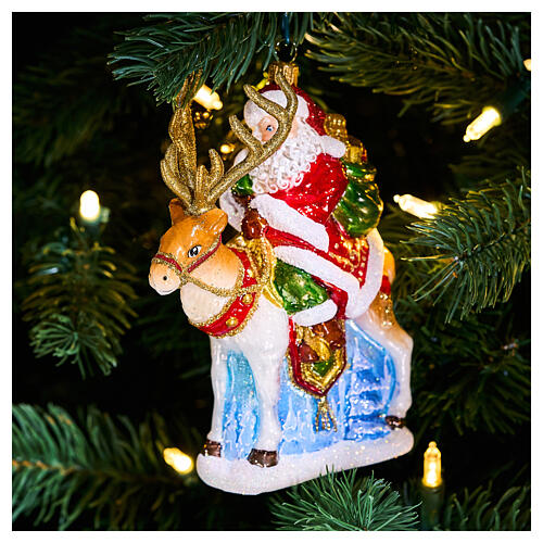 Święty Mikołaj z reniferem dekoracja choinkowa ze szkła dmuchanego, wysokość 15 cm 2