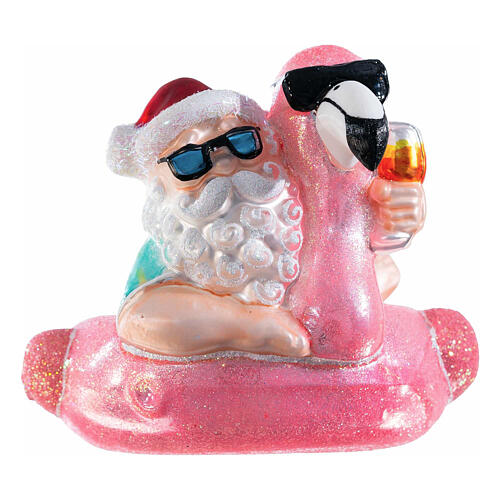 Weihnachtsmann auf schwimmenden Flamingo, Weihnachtsbaumschmuck aus mundgeblasenem Glas, 12 cm Höhe 1