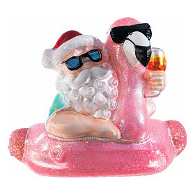 Santa with flamingo lifebuoy, blown glass ornament for Christmas tree, 5 in