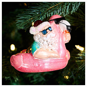 Santa with flamingo lifebuoy, blown glass ornament for Christmas tree, 5 in