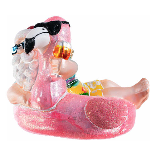 Santa with flamingo lifebuoy, blown glass ornament for Christmas tree, 5 in 3