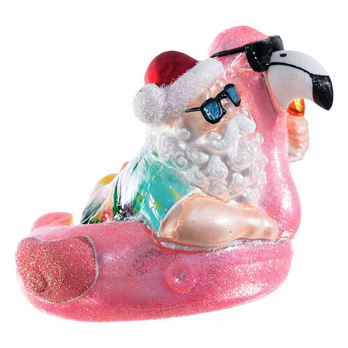 Santa with flamingo lifebuoy, blown glass ornament for Christmas tree, 5 in 4