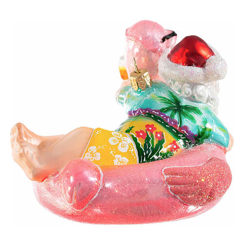 Santa with flamingo lifebuoy, blown glass ornament for Christmas tree, 5 in 5