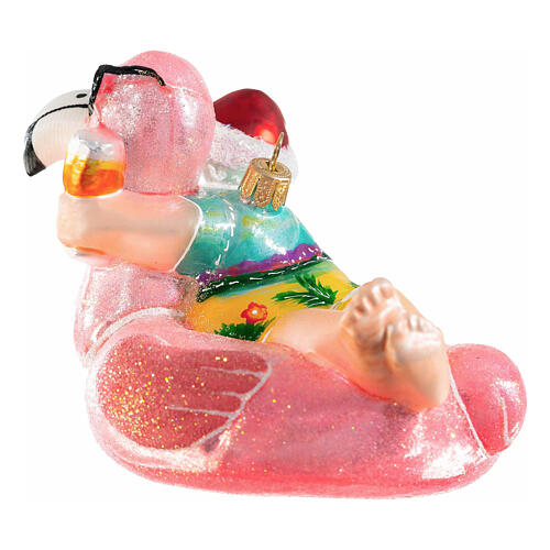 Santa with flamingo lifebuoy, blown glass ornament for Christmas tree, 5 in 6