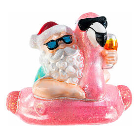 Santa Claus with flamingo float blown glass Christmas tree ornament, height 12 cm