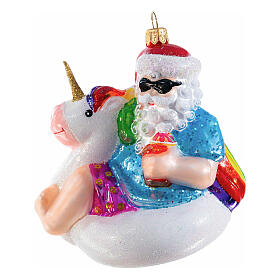 Santa with unicorn lifebuoy, blown glass ornament for Christmas tree, 4 in