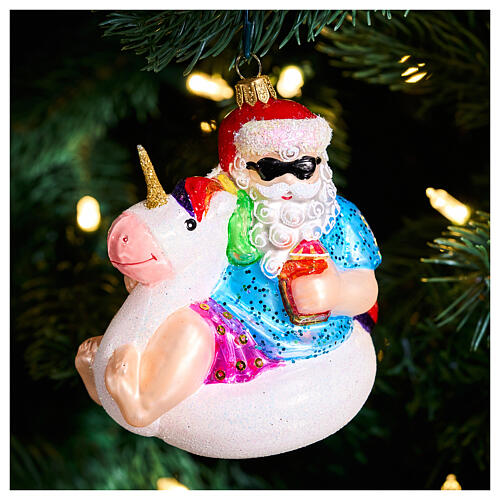 Santa with unicorn lifebuoy, blown glass ornament for Christmas tree, 4 in 2