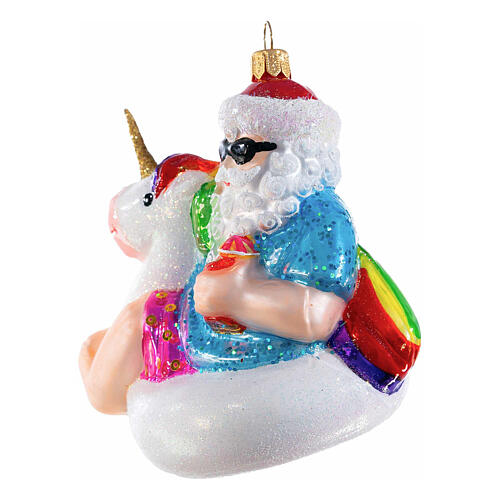 Santa with unicorn lifebuoy, blown glass ornament for Christmas tree, 4 in 3