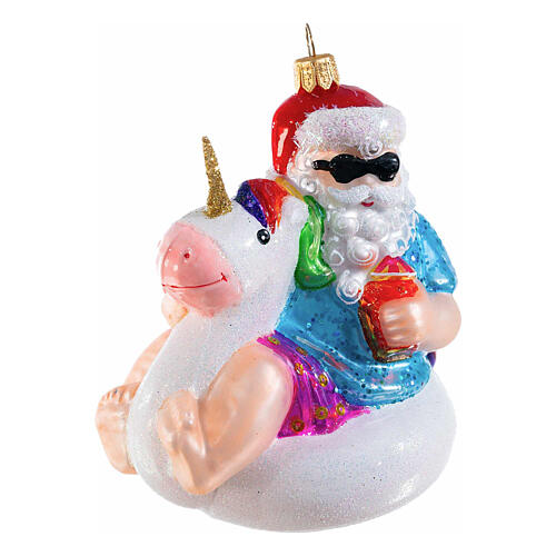 Santa with unicorn lifebuoy, blown glass ornament for Christmas tree, 4 in 4