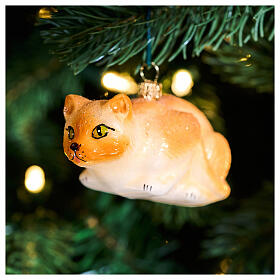 Katze auf der Lauer, Weihnachtsbaumschmuck aus mundgeblasenem Glas, 10 cm Länge