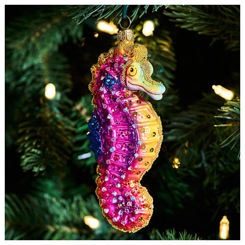 Seahorse Christmas tree ornament in blown glass, height 13 cm 2