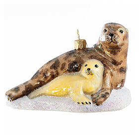 Seal with baby, blown glass ornament for Christmas tree, 4 in