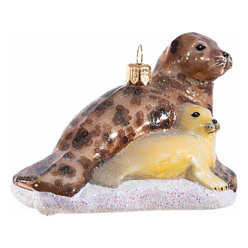 Seal with baby, blown glass ornament for Christmas tree, 4 in 3