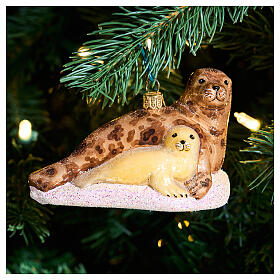 Foca con cucciolo vetro soffiato decorazione albero Natale altezza 10 cm