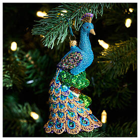 Pfau auf Ast, Weihnachtsbaumschmuck aus mundgeblasenem Glas, 14 cm Höhe