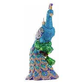 Peacock on a branch, blown glass ornament for Christmas tree, 5.5 in