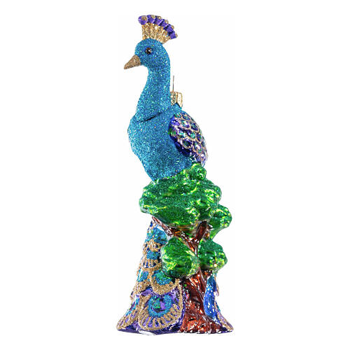 Peacock on a branch, blown glass ornament for Christmas tree, 5.5 in 3