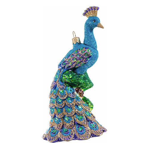 Peacock on a branch, blown glass ornament for Christmas tree, 5.5 in 4