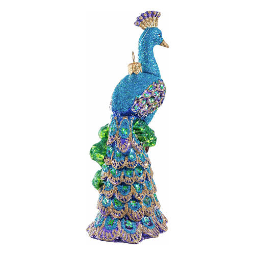 Peacock on a branch, blown glass ornament for Christmas tree, 5.5 in 5