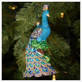 Peacock Christmas ornament in blown glass, height 14 cm