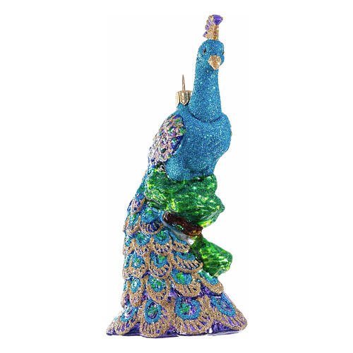 Peacock Christmas ornament in blown glass, height 14 cm 1