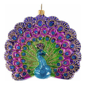 Peacock with open tail, blown glass ornament for Christmas tree, 4 in