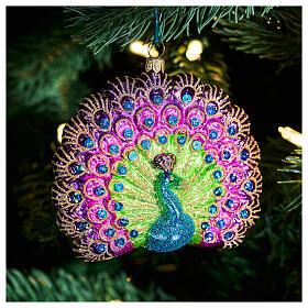 Peacock with open tail, blown glass ornament for Christmas tree, 4 in