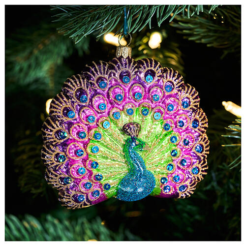 Peacock with open tail, blown glass ornament for Christmas tree, 4 in 2