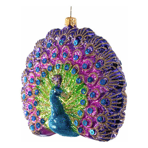 Peacock with open tail, blown glass ornament for Christmas tree, 4 in 3