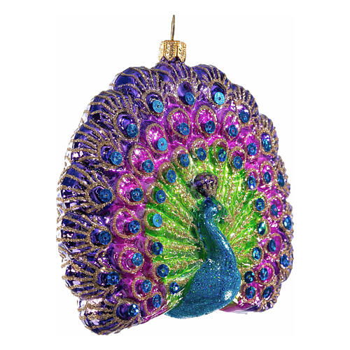 Peacock with open tail, blown glass ornament for Christmas tree, 4 in 4