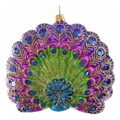 Peacock with open tail, blown glass ornament for Christmas tree, 4 in 5