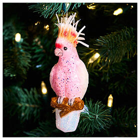 Pink cockatoo, blown glass ornament for Christmas tree, 5 in