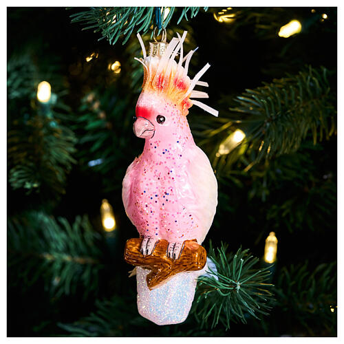 Pink cockatoo, blown glass ornament for Christmas tree, 5 in 2