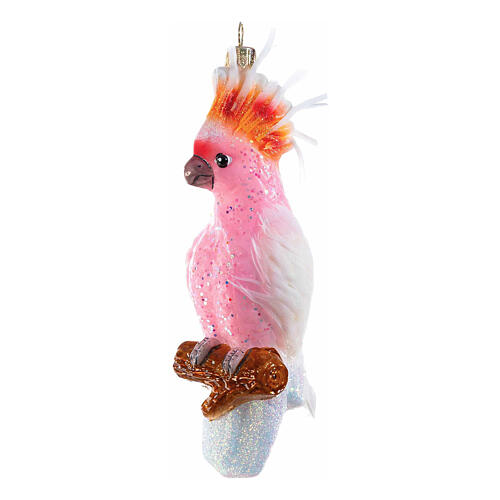 Pink cockatoo, blown glass ornament for Christmas tree, 5 in 3