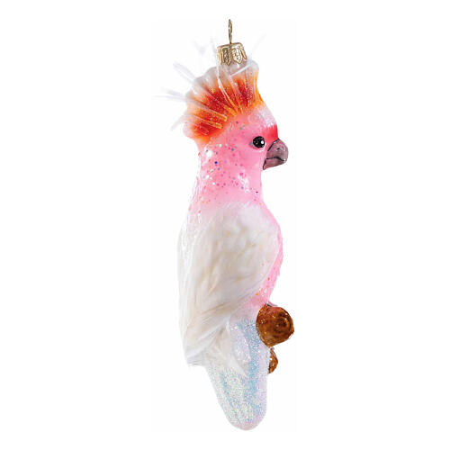 Pink cockatoo, blown glass ornament for Christmas tree, 5 in 4